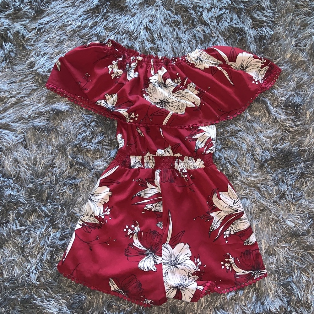 Burgundy off the shoulder floral romper